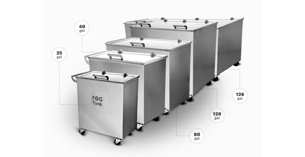 All sizes of The FOG Tank, including 25, 40, 80, 120, and 126 gallon models