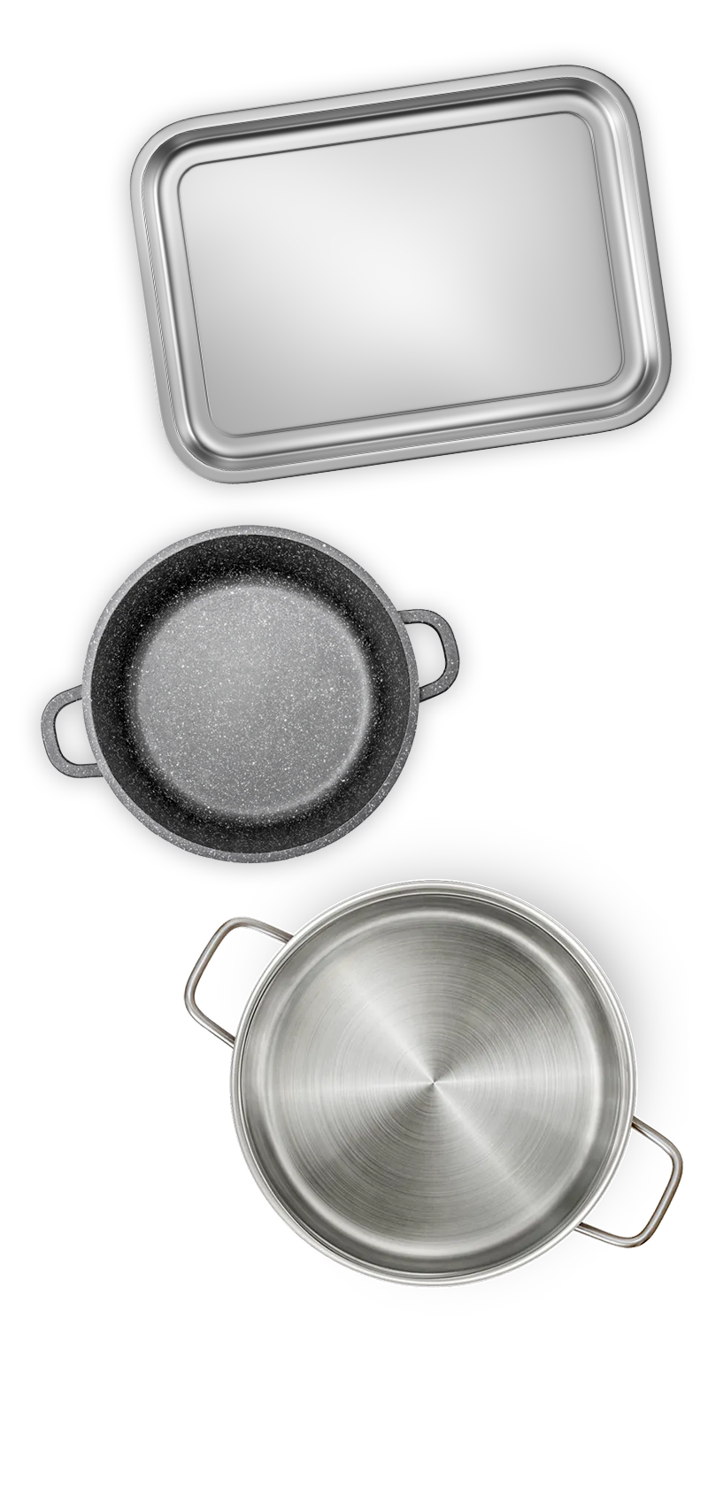 Overhead view of a clean metal pan, cast iron pan, and metal sheet pan