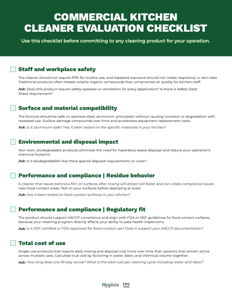 Our Commercial Kitchen Cleaner Evaluation Checklist helps you choose the right non toxic kitchen cleaner for your operation