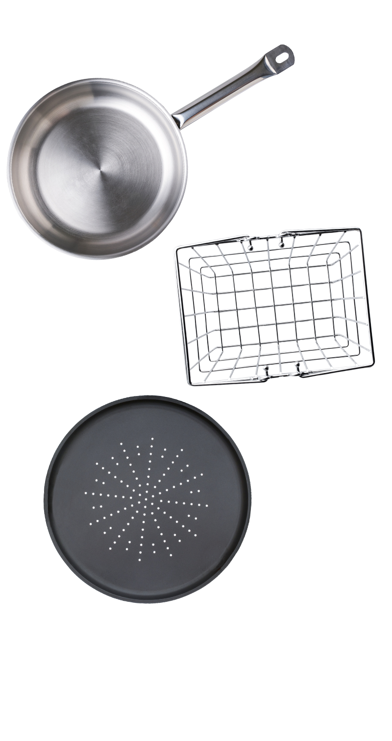 Overhead view of a clean metal frying pan, frying basket, and pizza pan