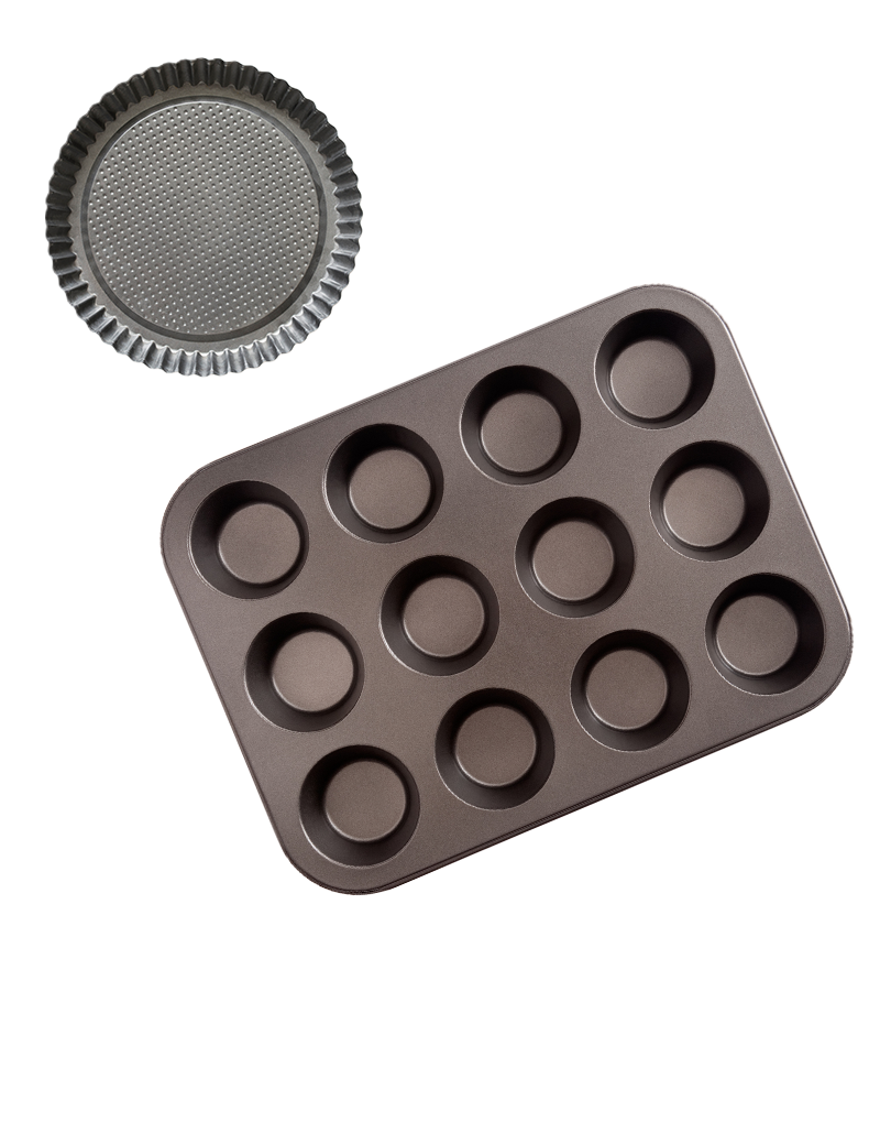 Overhead view of a baking tin and muffin sheet