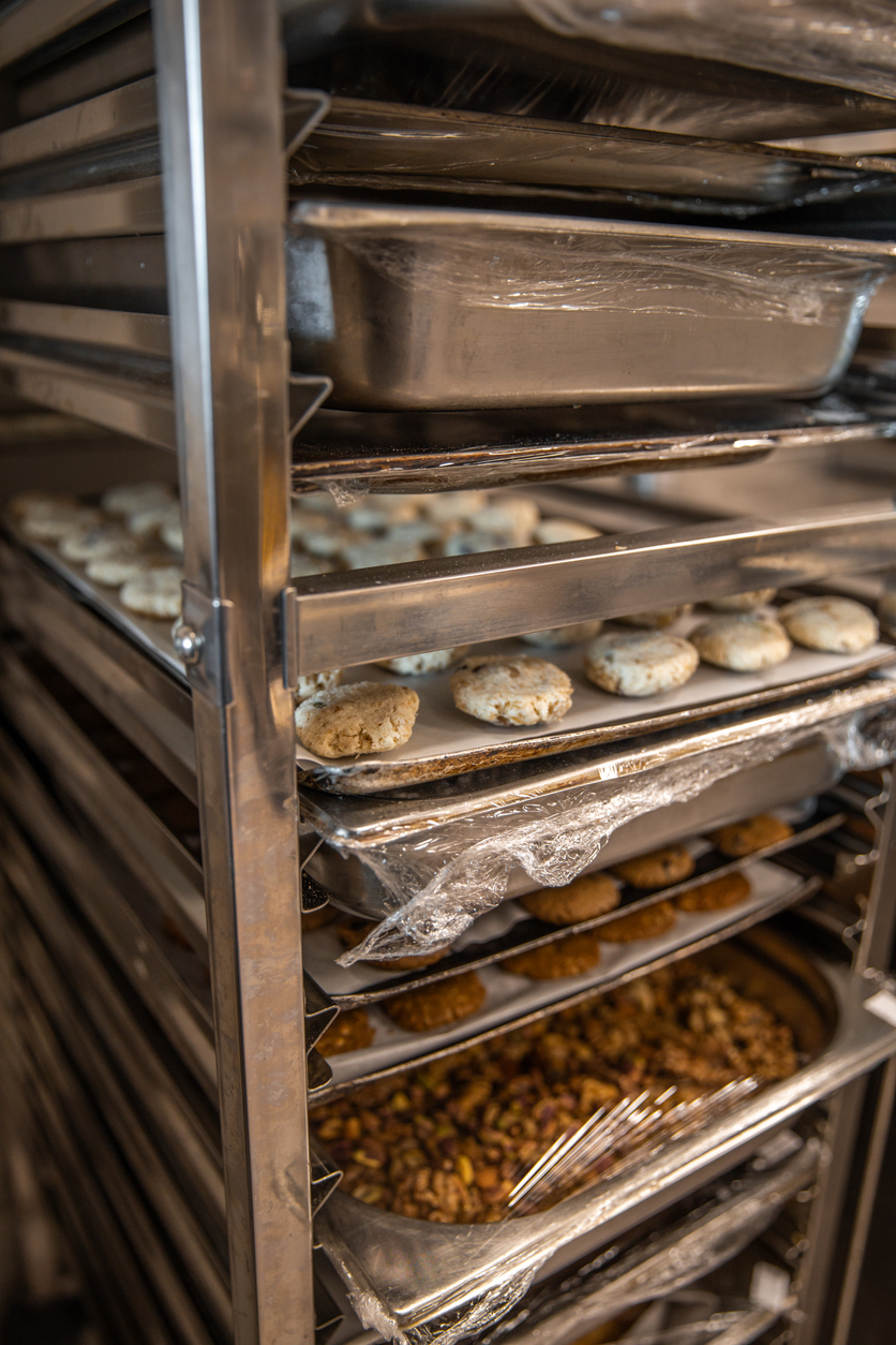 professional pastry kitchen tray rack with pastry items and cookies bakery