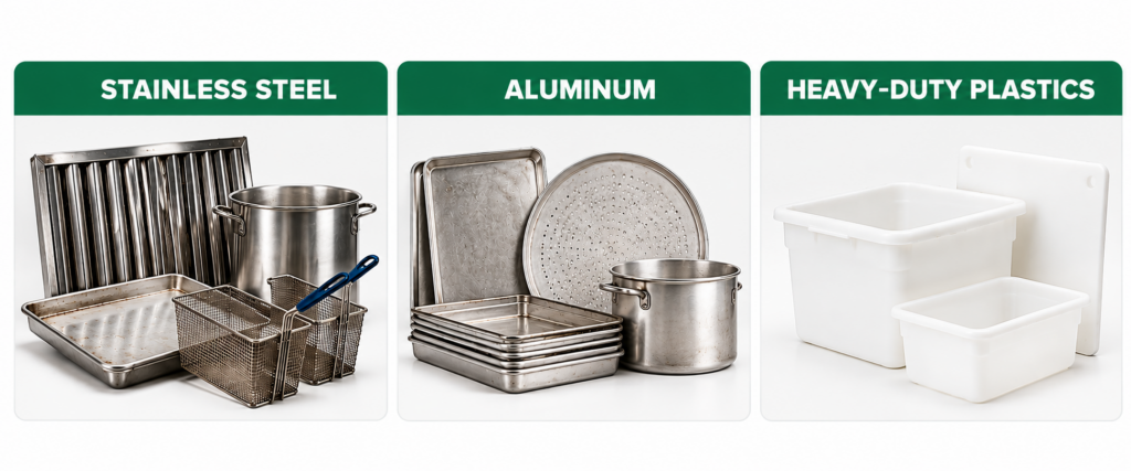 Stainless steel, aluminum and heavy-duty plastic items compatible with the FOG Tank