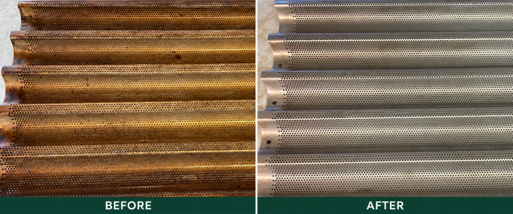 The same commercial hood filter before and after cleaning with the FOG Tank