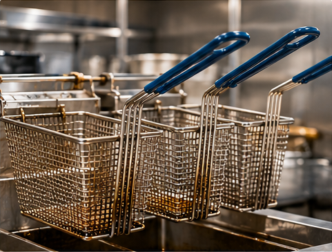Commercial fryer baskets with built-up grease and food residue