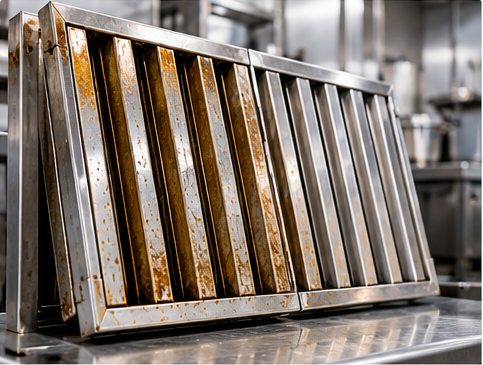 Grease-covered commercial kitchen hood filters ready for cleaning