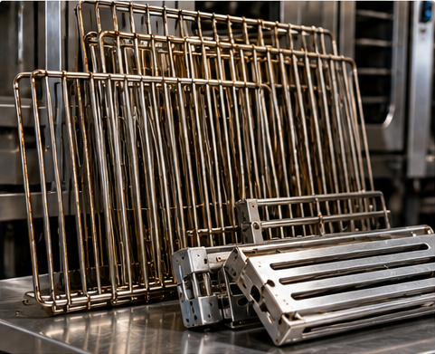Commercial oven racks and removable oven components with grease buildup