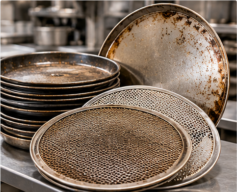 Commercial pizza pans and pizza screens with baked-on grease and carbon buildup