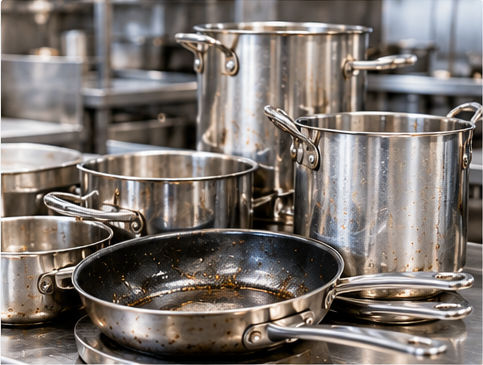 Commercial stainless steel pots and pans with cooked-on grease and residue