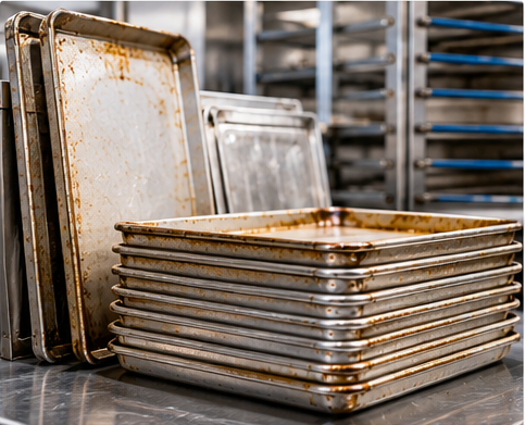Stack of commercial sheet pans and baking trays with baked-on residue